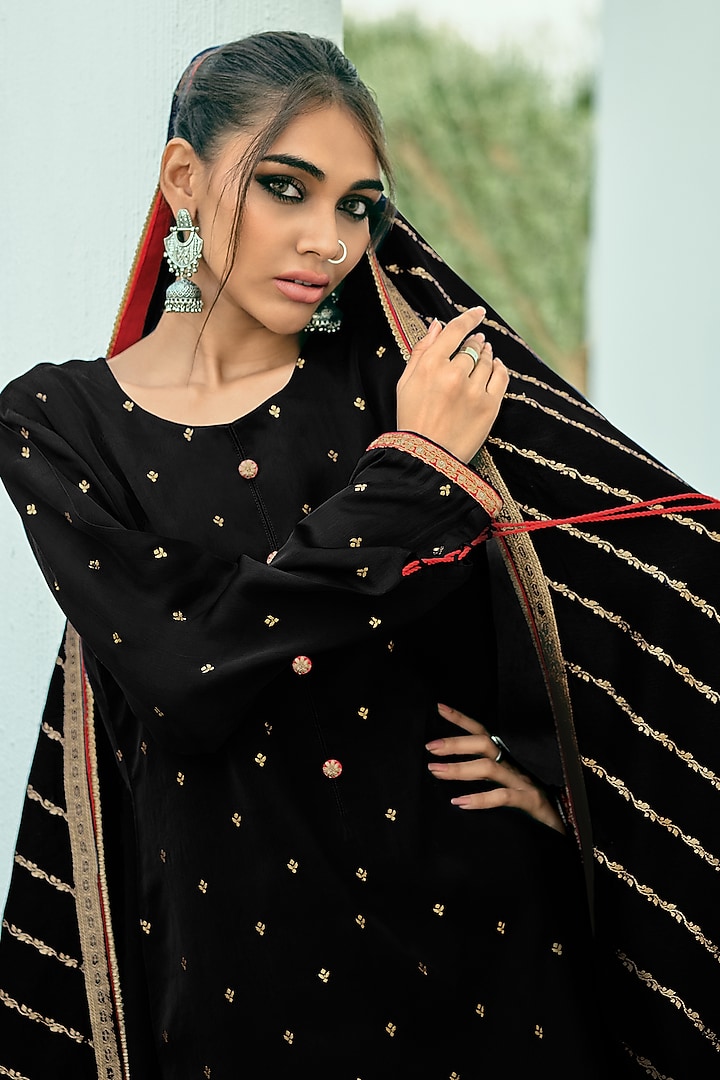 Black Viscose Muslin Digital Leheriya Printed Sharara Set by Label Varsha at Pernia's Pop Up Shop
