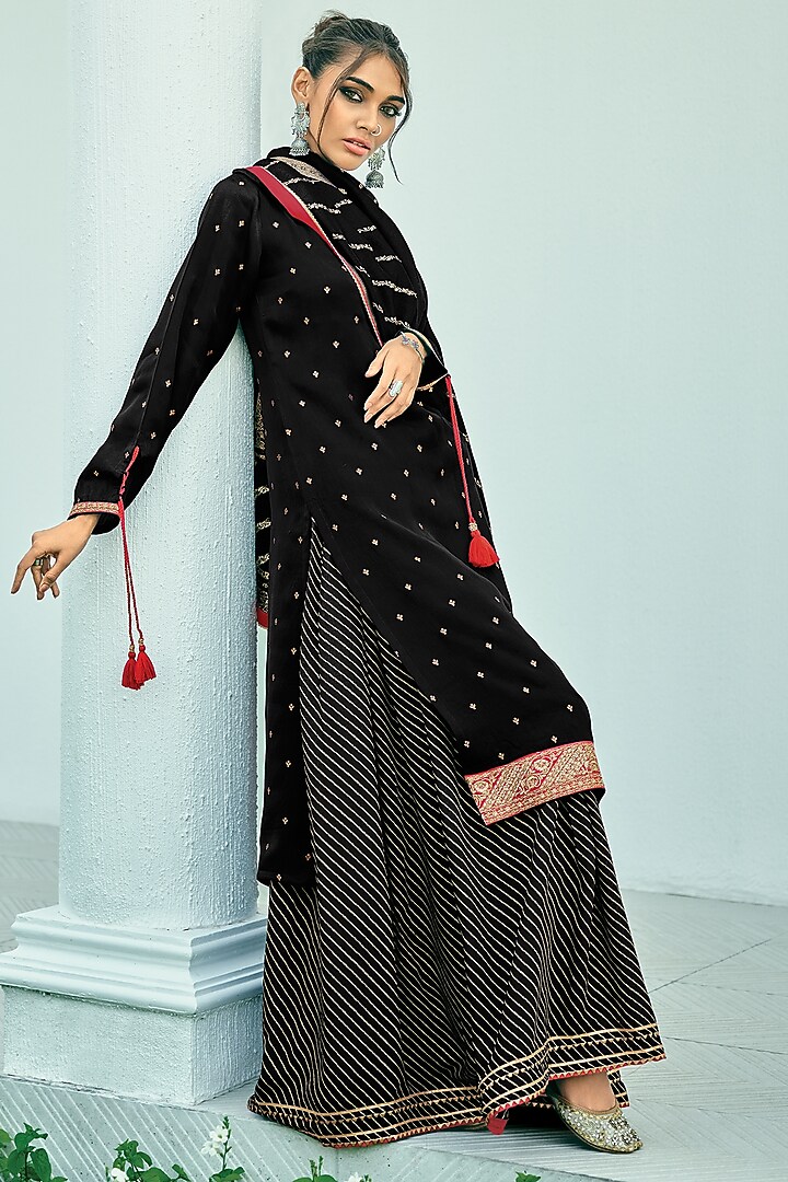 Black Viscose Muslin Digital Leheriya Printed Sharara Set by Label Varsha at Pernia's Pop Up Shop
