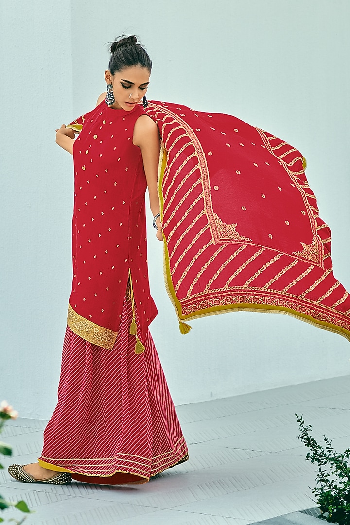 Red Viscose Muslin Digital Leheriya Printed Sharara Set by Label Varsha at Pernia's Pop Up Shop