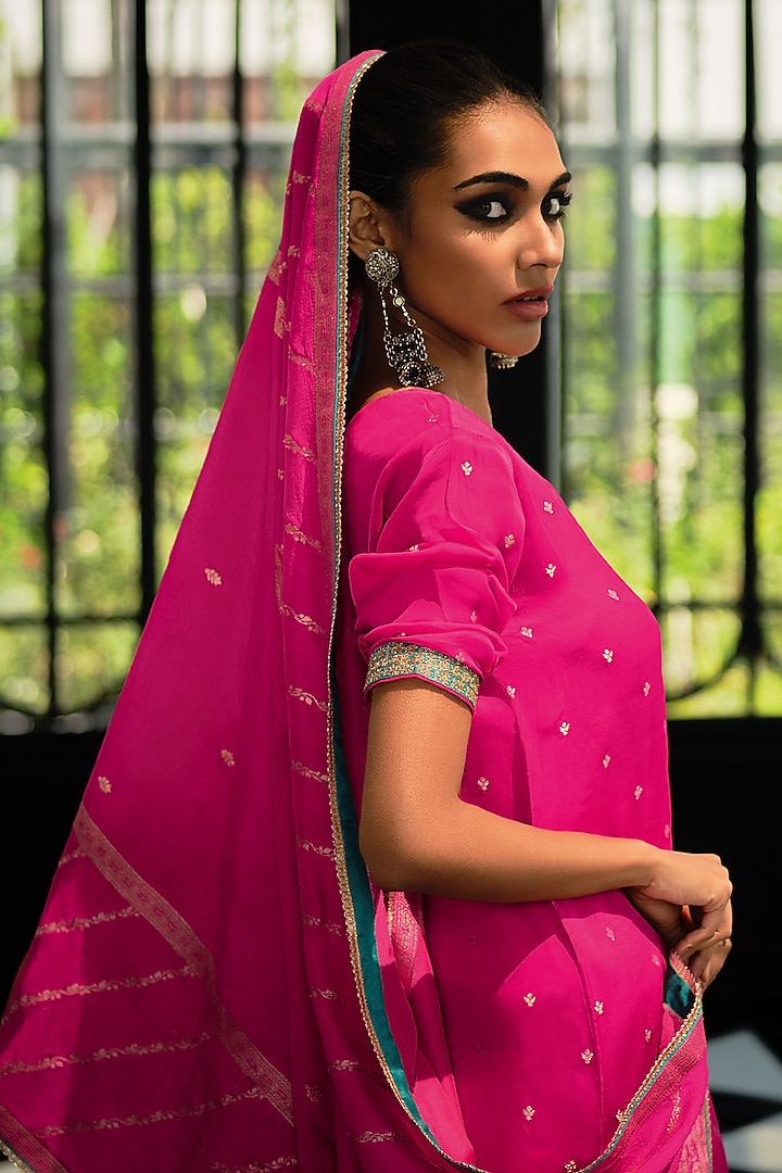 Hot Pink Viscose Muslin Digital Leheriya Printed Sharara Set by Label Varsha at Pernia's Pop Up Shop