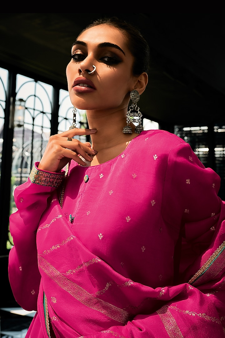 Hot Pink Viscose Muslin Digital Leheriya Printed Sharara Set by Label Varsha at Pernia's Pop Up Shop