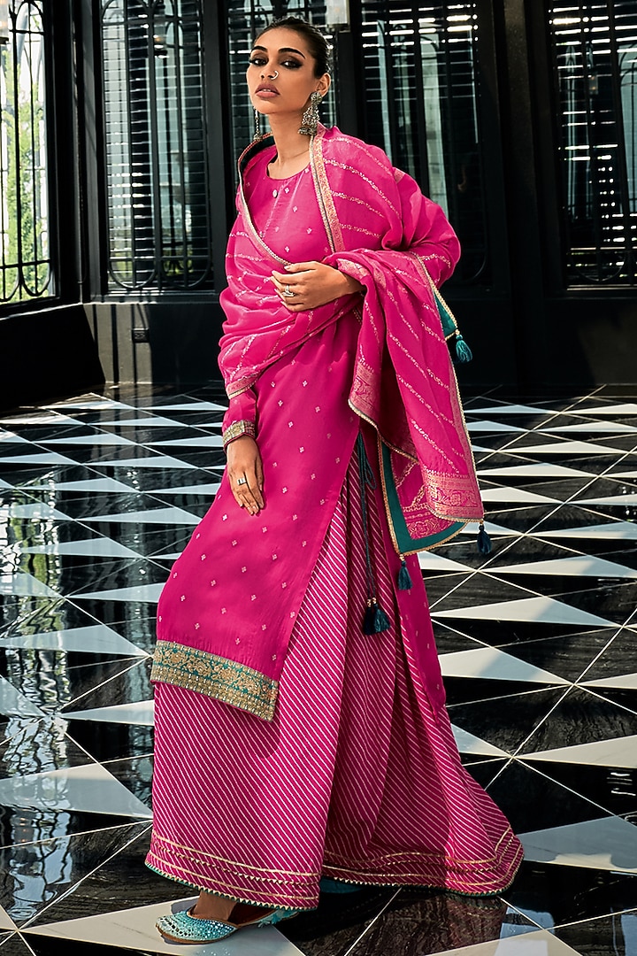 Hot Pink Viscose Muslin Digital Leheriya Printed Sharara Set by Label Varsha at Pernia's Pop Up Shop