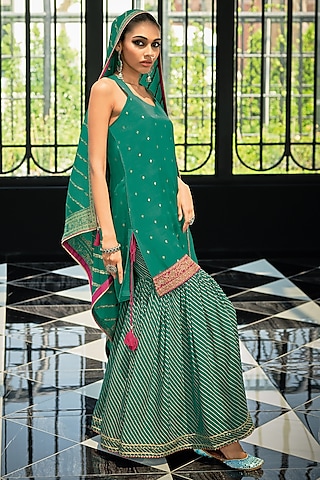 Viridian Green Viscose Muslin Digital Leheriya Printed Sharara Set by Label Varsha