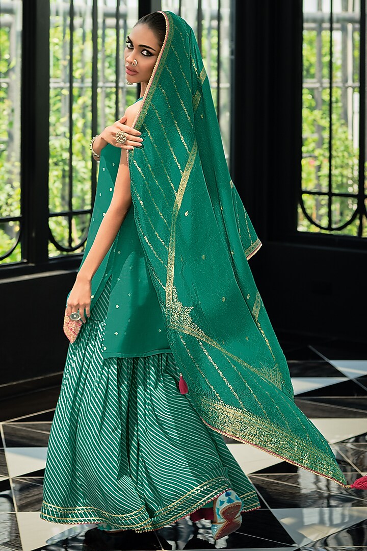 Viridian Green Viscose Muslin Digital Leheriya Printed Sharara Set by Label Varsha at Pernia's Pop Up Shop
