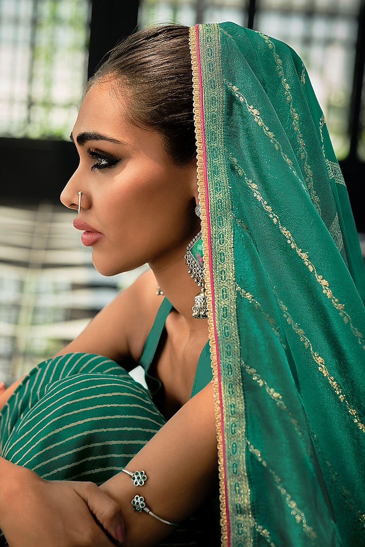 Viridian Green Viscose Muslin Digital Leheriya Printed Sharara Set by Label Varsha at Pernia's Pop Up Shop