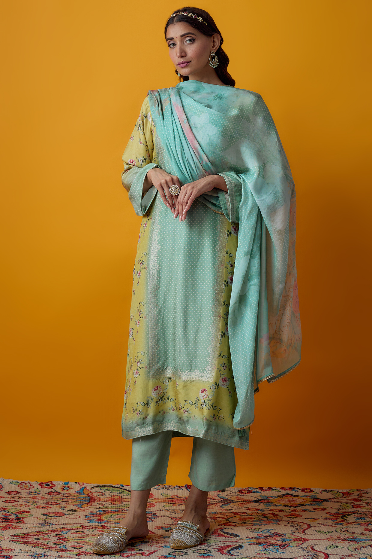 Sea Foam Viscose Woven Printed Kurta Set by Label Varsha at Pernia's Pop Up Shop