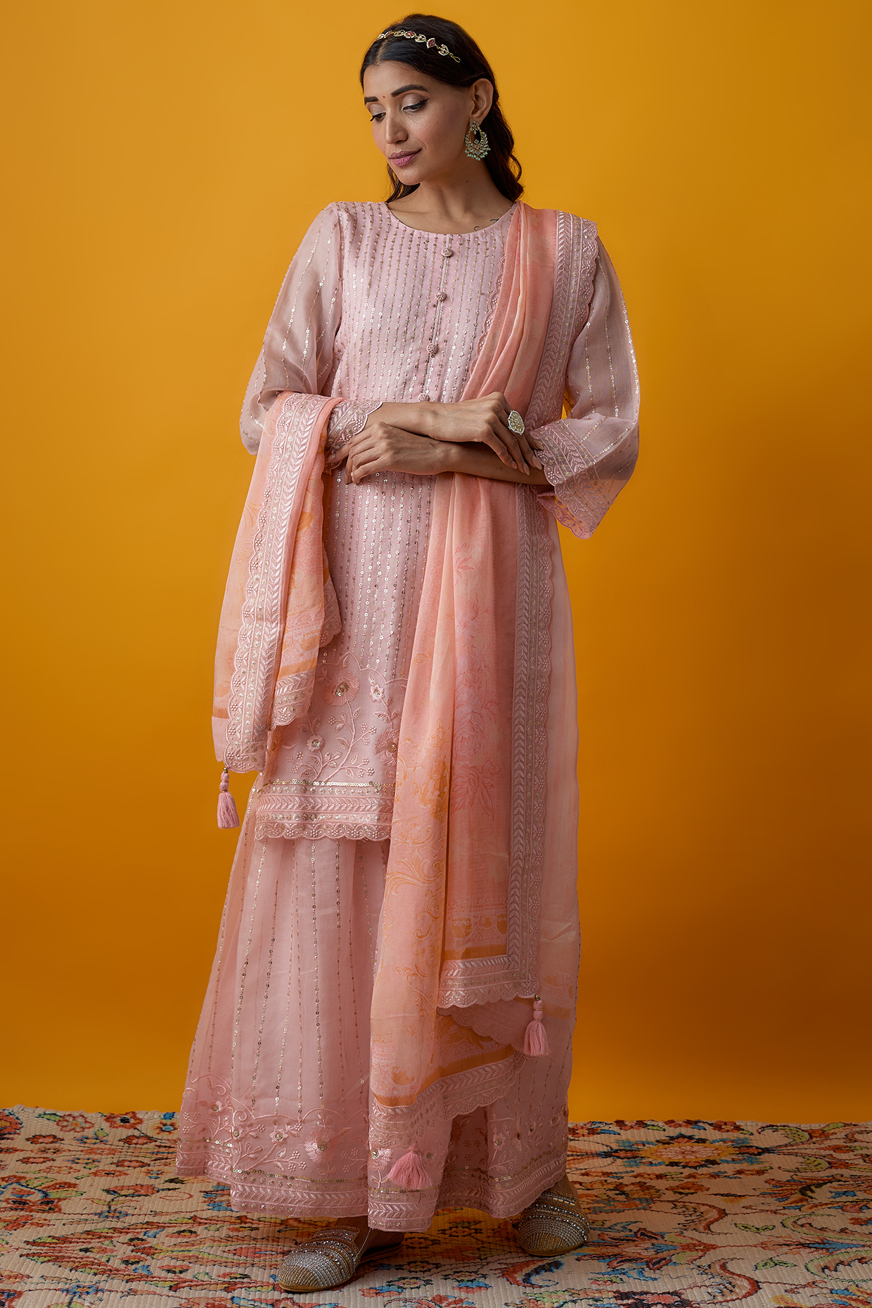 Pink Tissue Printed Sharara Set by Label Varsha