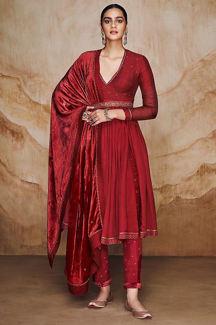 Red Linen Satin Anarkali Set by Label Varsha