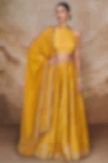 Yellow Art Tussar Silk Embroidered Lehenga Set by Label Varsha at Pernia's Pop Up Shop