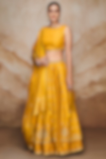 Yellow Art Tussar Silk & Viscose Uppada Embroidered Lehenga Set by Label Varsha at Pernia's Pop Up Shop