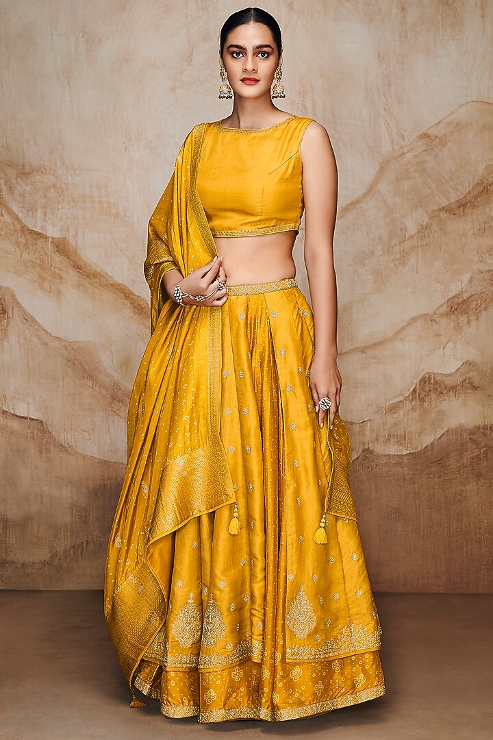Yellow Art Tussar Silk & Viscose Uppada Embroidered Lehenga Set by Label Varsha at Pernia's Pop Up Shop