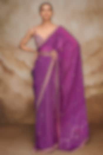 Purple Viscose Organza Zardosi & Sequins Embellished Bandhani Party Wear Saree Set by Label Varsha at Pernia's Pop Up Shop