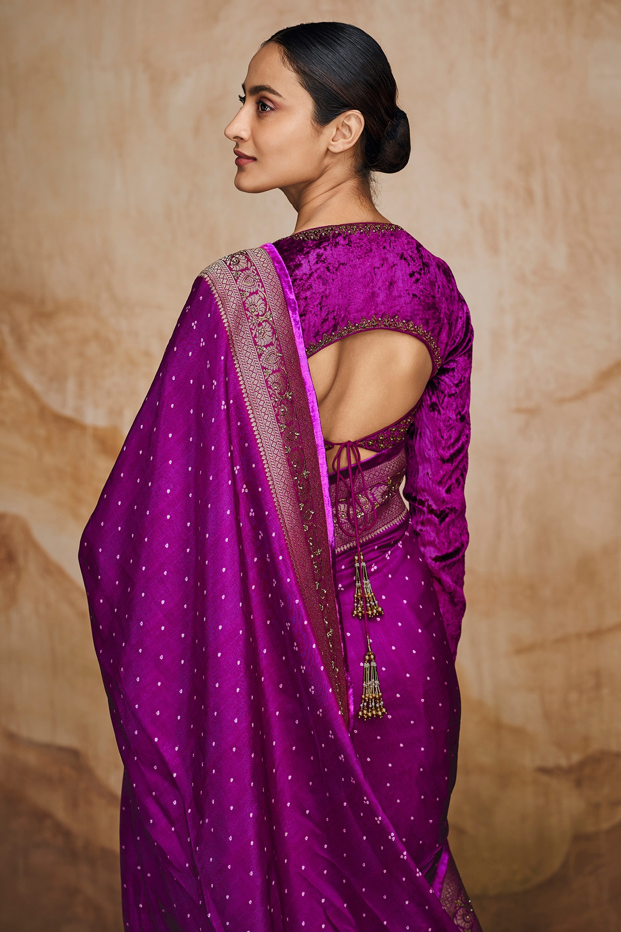 Royal Purple Bandhani Silk Saree with Velvet Blouse | TST | The Silk Trend  | Aza fashion, Blouses for women, Velvet blouses