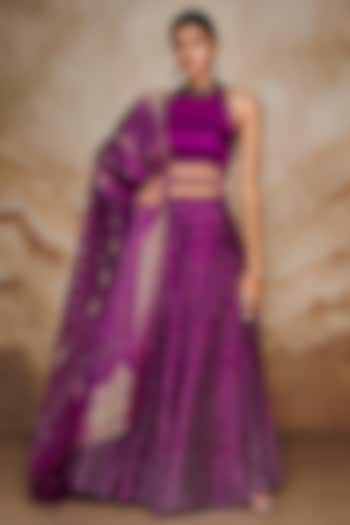 Vibrant Purple Viscose Linen Satin Bandhani Lehenga Set by Label Varsha