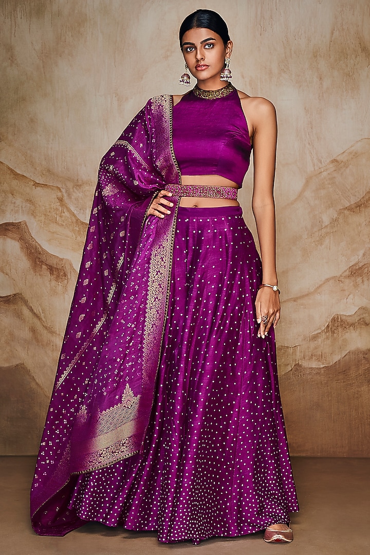 Vibrant Purple Viscose Linen Satin Bandhani Lehenga Set by Label Varsha