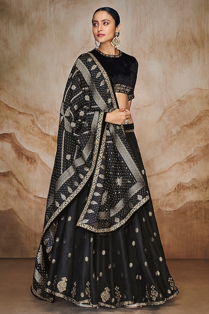 Black Viscose Woven Sequins Embroidered Lehenga Set by Label Varsha at Pernia's Pop Up Shop