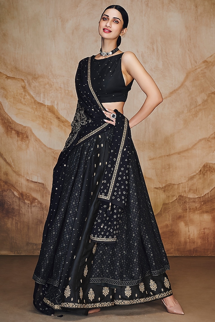 Black Cotton Silk Zari & Thread Embroidered Lehenga Set by Label Varsha at Pernia's Pop Up Shop