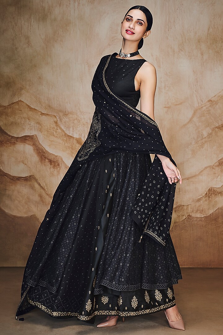 Black Cotton Silk Zari & Thread Embroidered Lehenga Set by Label Varsha at Pernia's Pop Up Shop