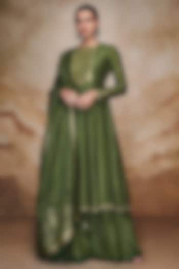 Olive Green Modal Silk Zari & Thread Embellished Anarkali Set by Label Varsha