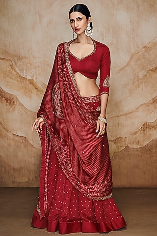 Red Viscose Linen Satin Sequins Embellished Lehenga Set by Label Varsha
