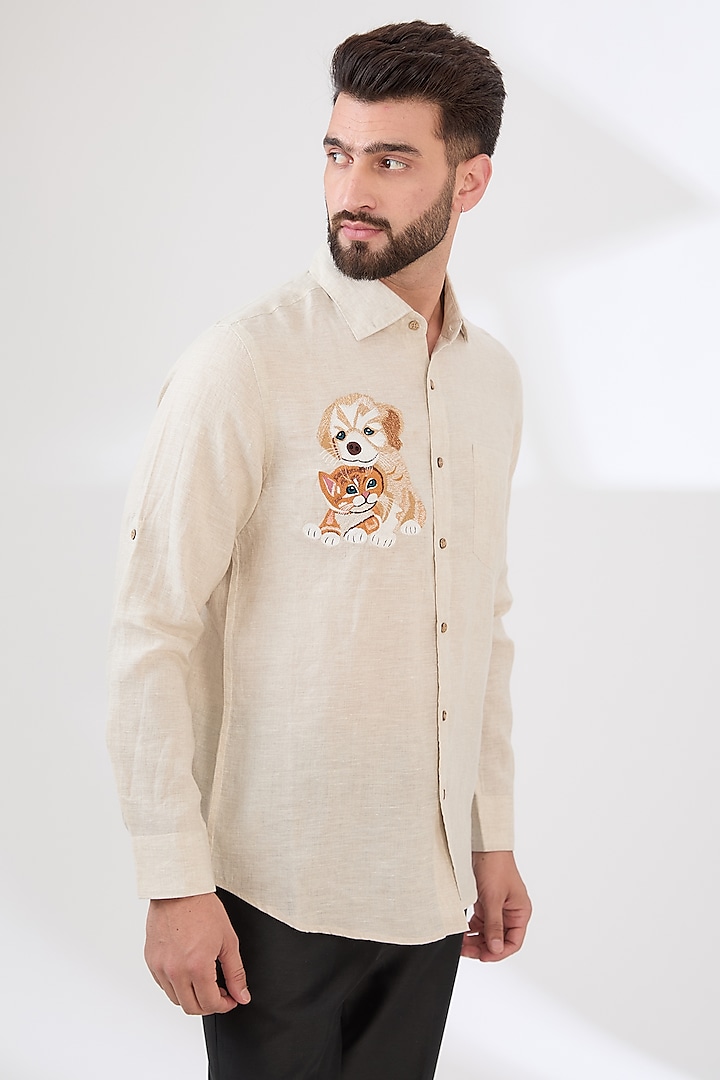 Beige Linen Embroidered Shirt by Linen Bloom Men