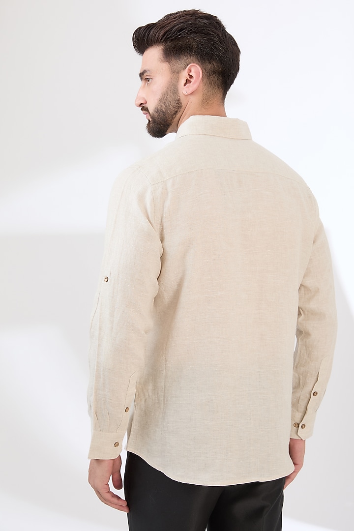 Beige Linen Embroidered Party Wear Shirt by Linen Bloom Men at Pernia's Pop Up Shop
