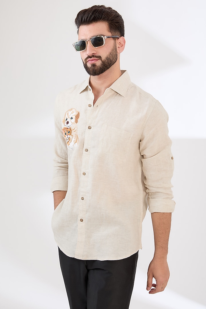 Beige Linen Embroidered Party Wear Shirt by Linen Bloom Men at Pernia's Pop Up Shop