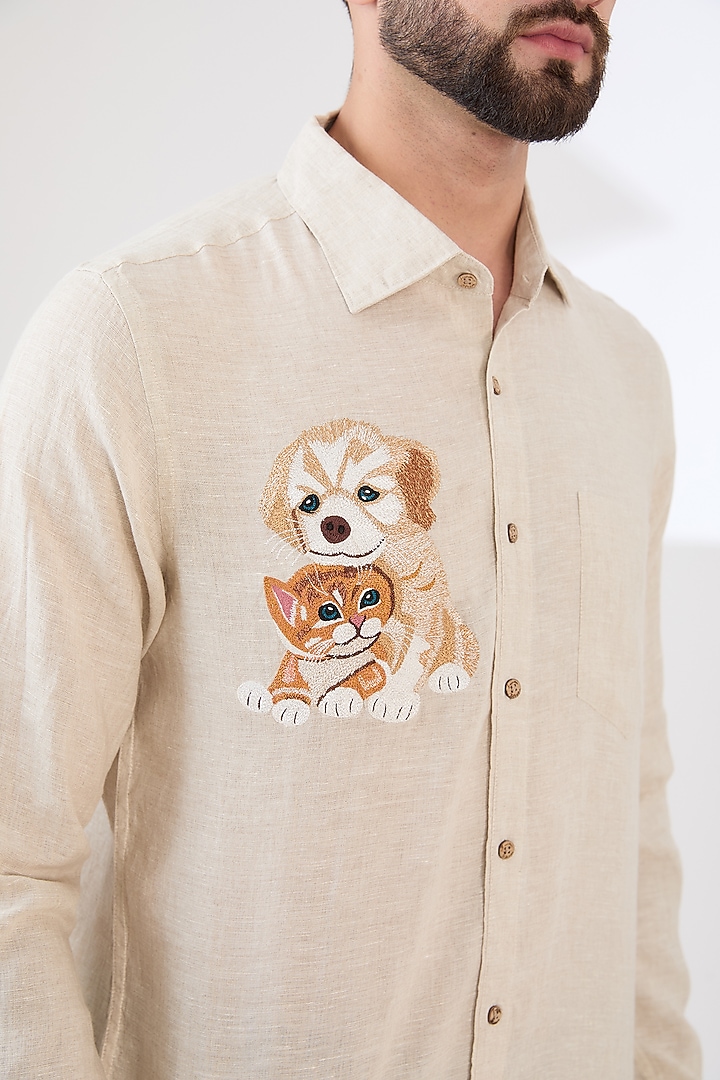 Beige Linen Embroidered Party Wear Shirt by Linen Bloom Men at Pernia's Pop Up Shop