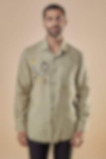 Brown Pure Linen Embroidered Shirt by Linen Bloom Men