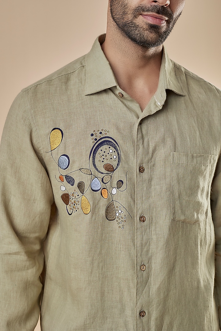 Brown Pure Linen Embroidered Party Wear Shirt by Linen Bloom Men at Pernia's Pop Up Shop