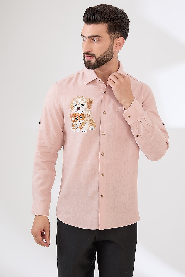 Light Pink Linen Embroidered Shirt by Linen Bloom Men