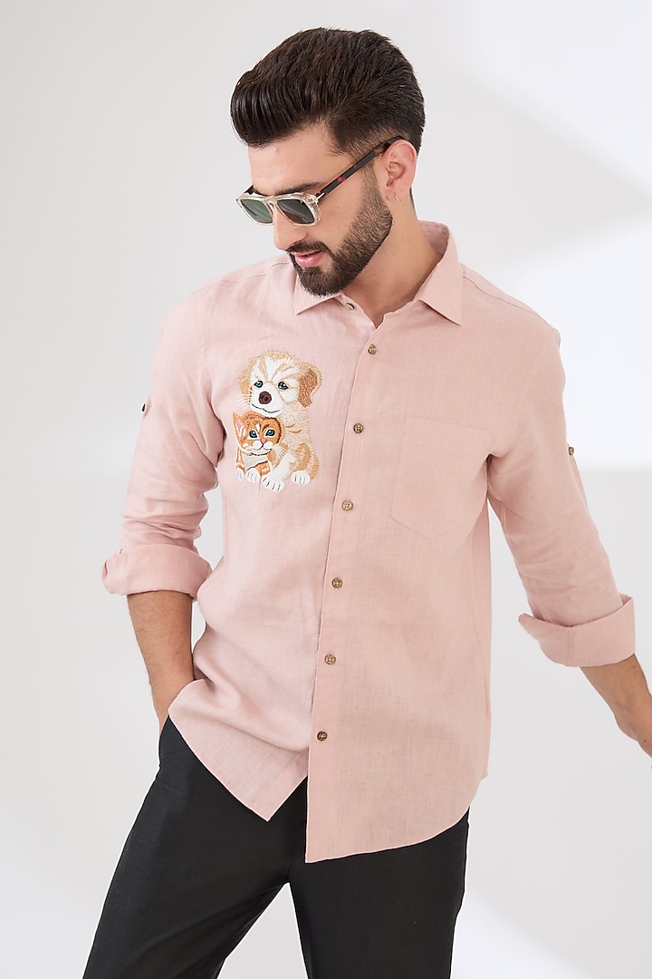 Light Pink Linen Embroidered Party Wear Shirt by Linen Bloom Men at Pernia's Pop Up Shop