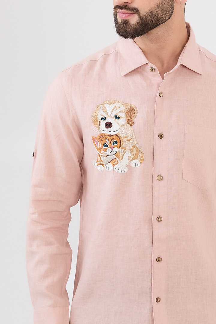 Light Pink Linen Embroidered Party Wear Shirt by Linen Bloom Men at Pernia's Pop Up Shop