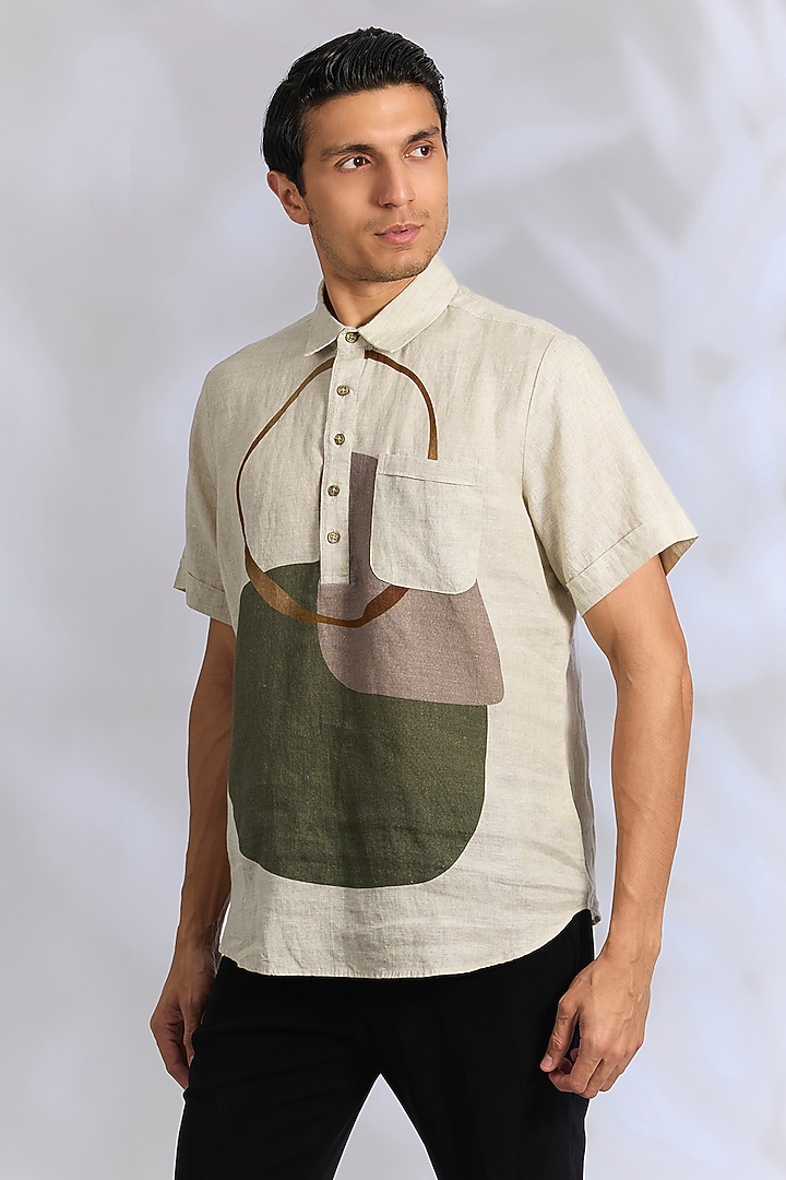 Beige Linen Party Wear Shirt by Linen Bloom Men at Pernia's Pop Up Shop