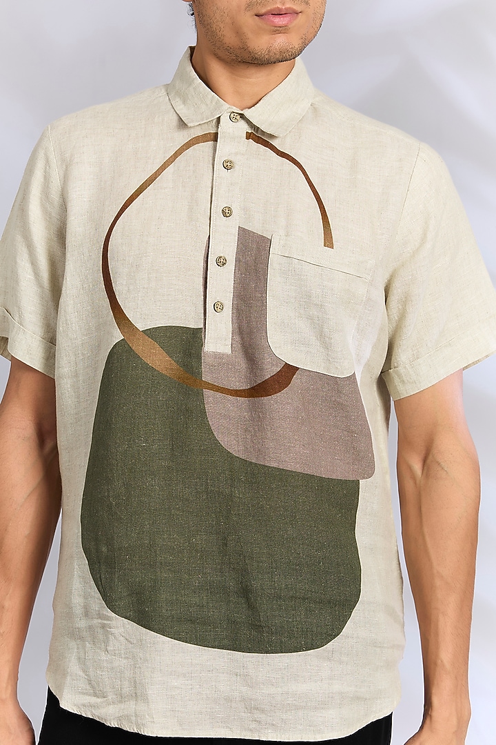Beige Linen Party Wear Shirt by Linen Bloom Men at Pernia's Pop Up Shop