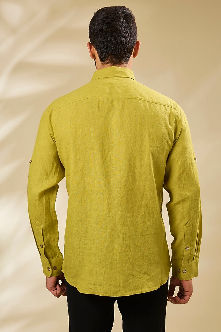 Yellowish Green Linen Party Wear Shirt by Linen Bloom Men at Pernia's Pop Up Shop
