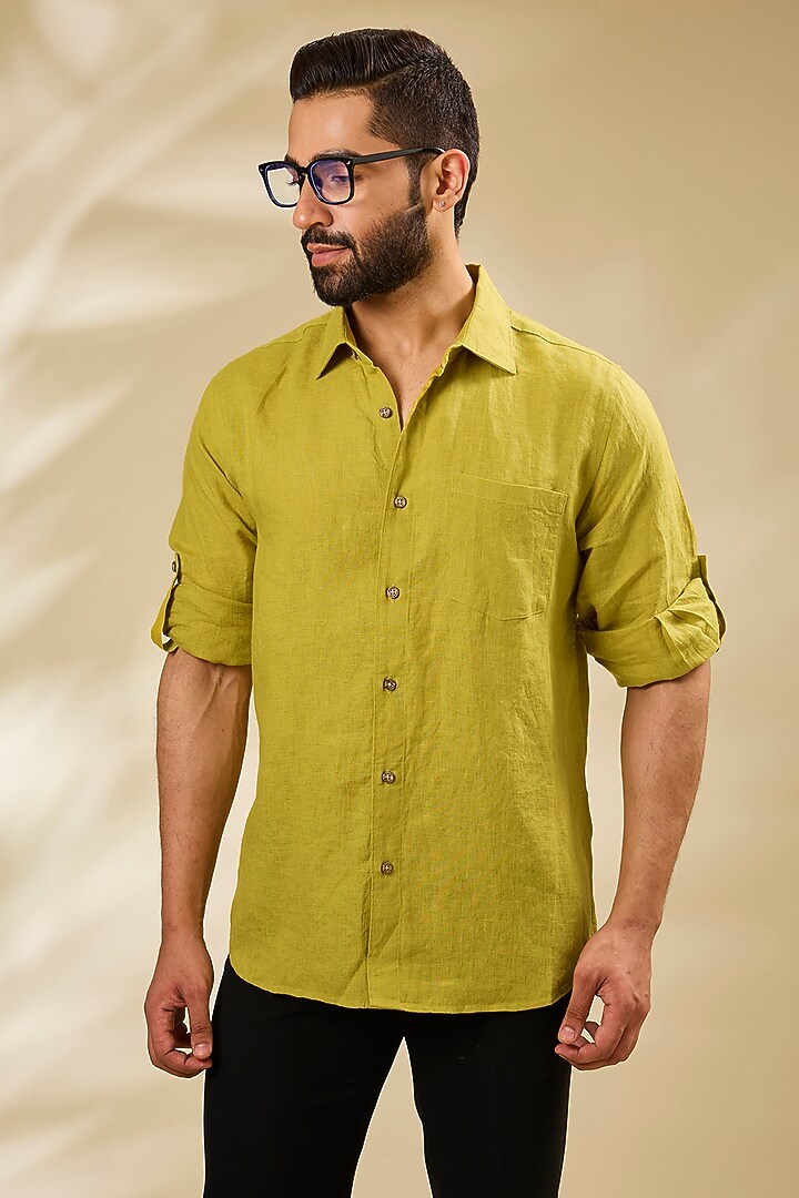 Yellowish Green Linen Party Wear Shirt by Linen Bloom Men at Pernia's Pop Up Shop