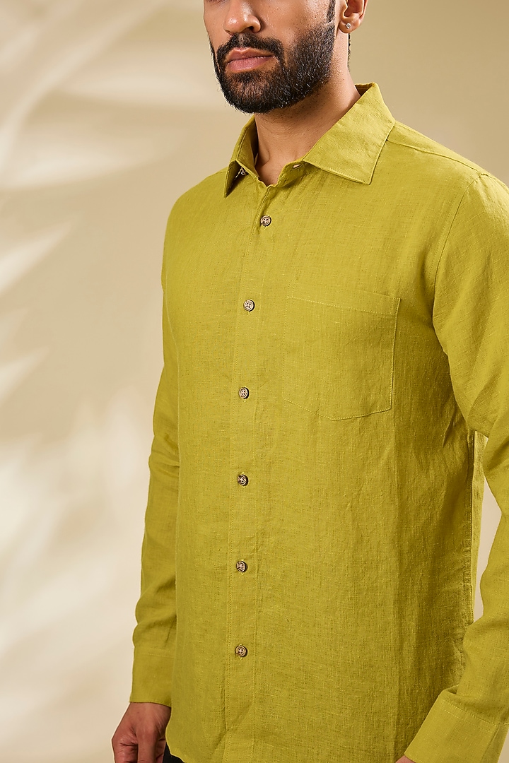 Yellowish Green Linen Party Wear Shirt by Linen Bloom Men at Pernia's Pop Up Shop