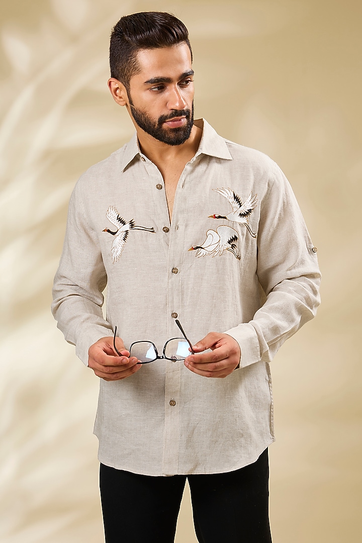 Beige Linen Embroidered Party Wear Shirt by Linen Bloom Men at Pernia's Pop Up Shop