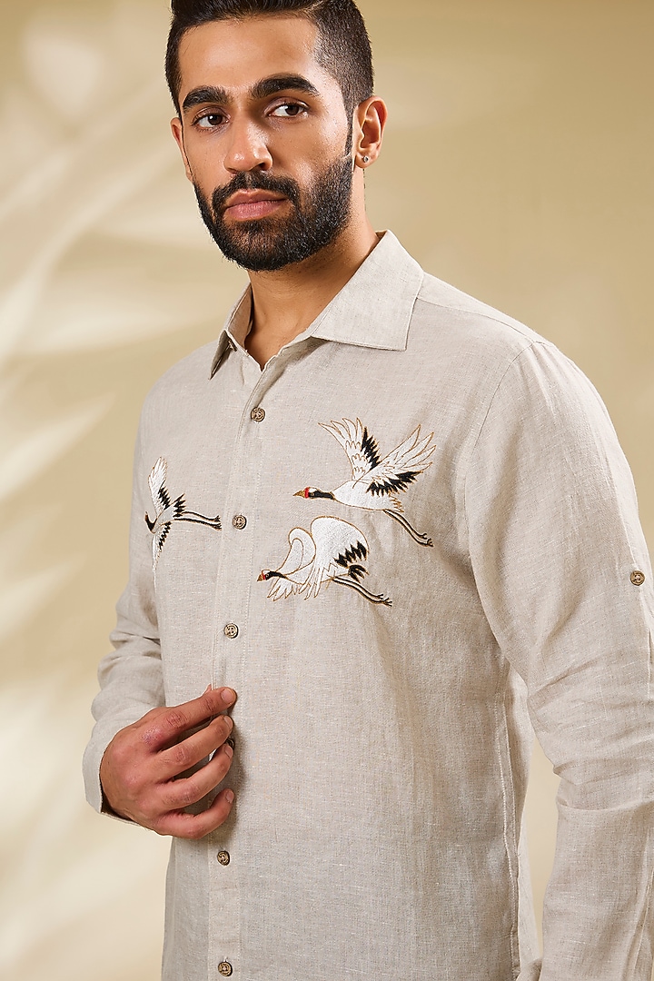 Beige Linen Embroidered Party Wear Shirt by Linen Bloom Men at Pernia's Pop Up Shop