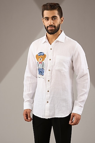White Pure Linen Thread Embroidered Shirt by Linen Bloom Men