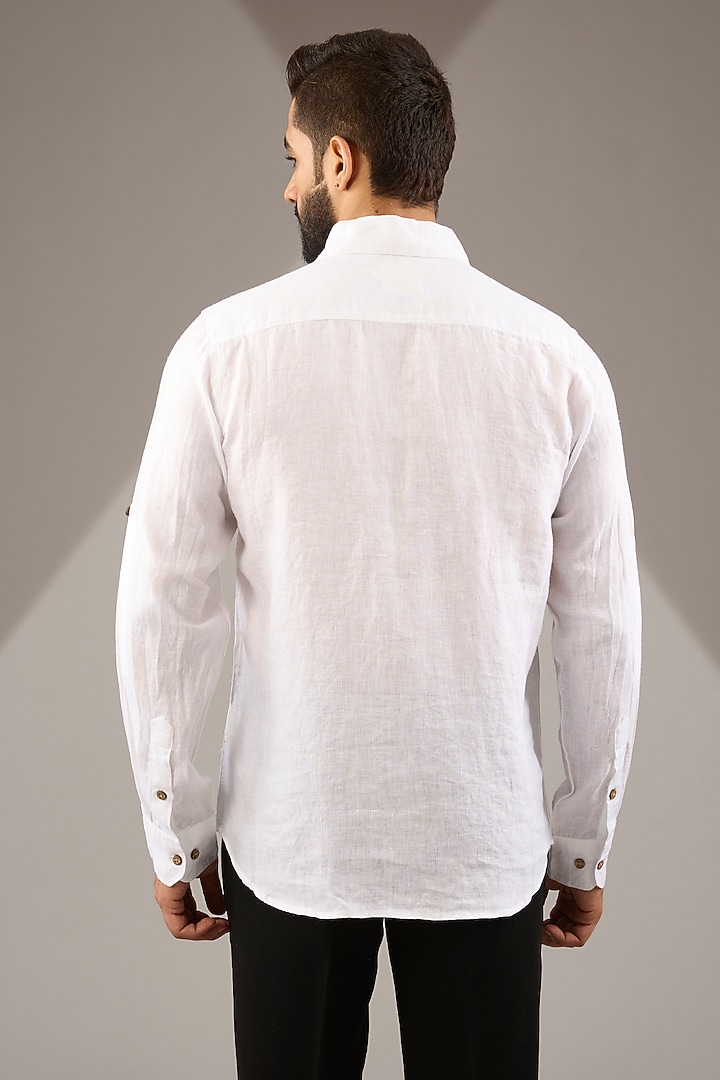 White Pure Linen Thread Embroidered Party Wear Shirt by Linen Bloom Men at Pernia's Pop Up Shop