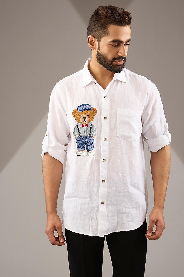 White Pure Linen Thread Embroidered Party Wear Shirt by Linen Bloom Men at Pernia's Pop Up Shop