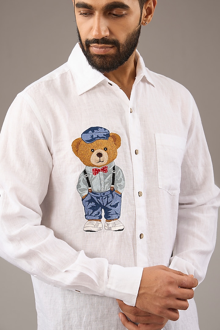 White Pure Linen Thread Embroidered Party Wear Shirt by Linen Bloom Men at Pernia's Pop Up Shop
