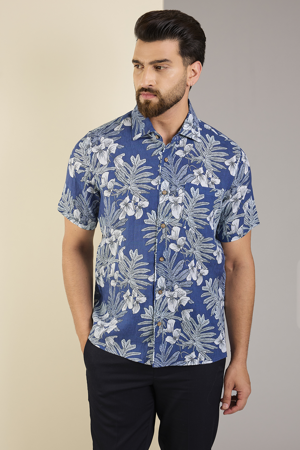 Blue Linen Printed Shirt by Linen Bloom Men