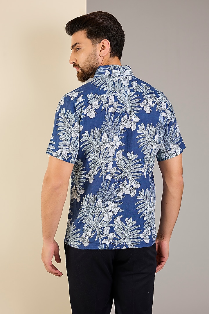 Blue Linen Printed Shirt by Linen Bloom Men at Pernia's Pop Up Shop