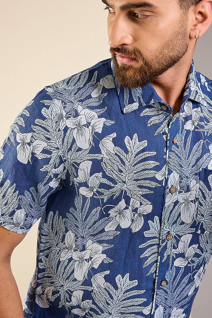 Blue Linen Printed Shirt by Linen Bloom Men at Pernia's Pop Up Shop
