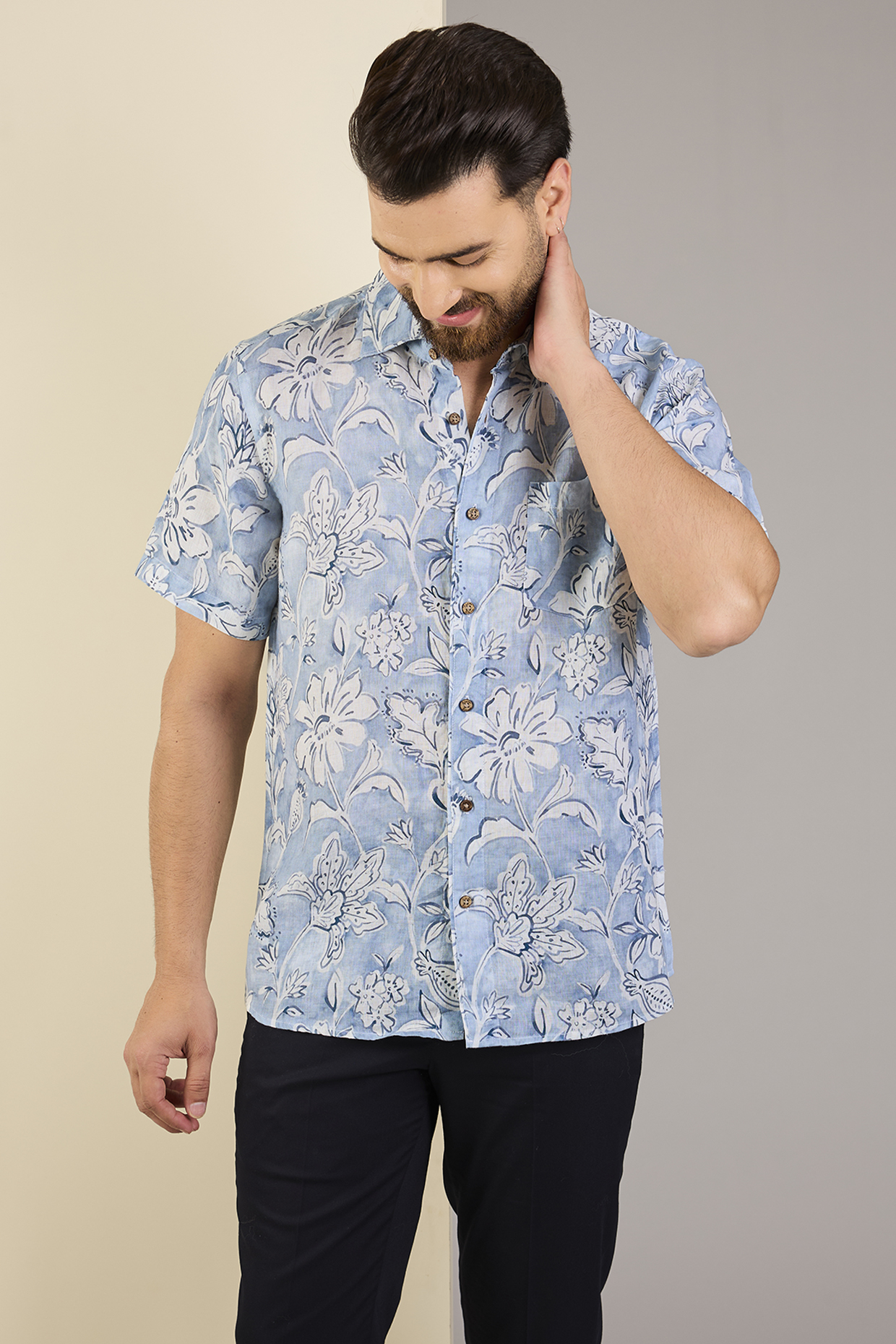 Blue Linen Printed Shirt by Linen Bloom Men