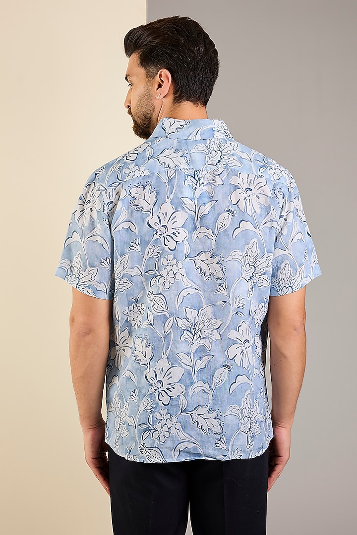 Blue Linen Printed Shirt by Linen Bloom Men at Pernia's Pop Up Shop