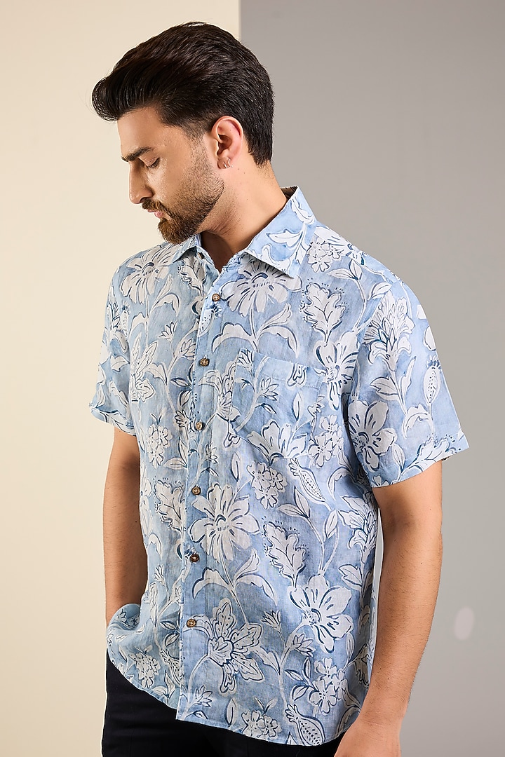 Blue Linen Printed Shirt by Linen Bloom Men at Pernia's Pop Up Shop